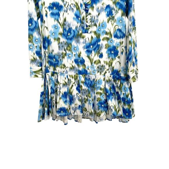 TUCKERNUCK Tate Ikat Blue Green Mini Ruffle Pleated Cotton Poplin Shirt Dress S - Picture 10 of 13